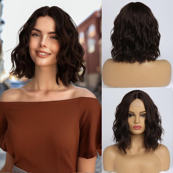Dark Brown Wavy Wigs for Women 14 Inch Short Shoulder Length Middle Part Curly